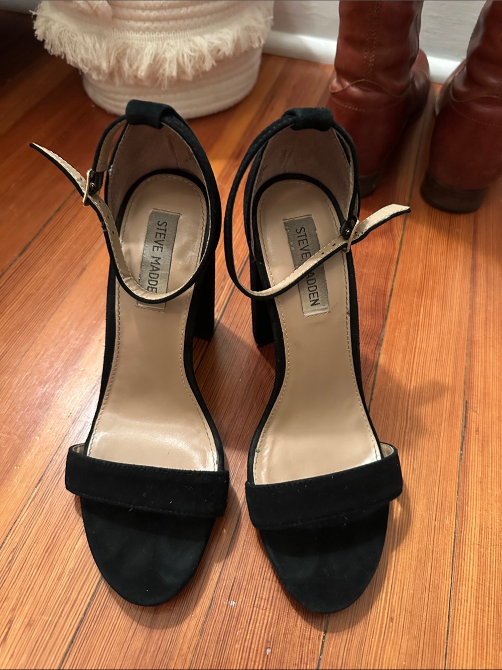 Steve Madden Black Suede Ankle-Strap Block Heels